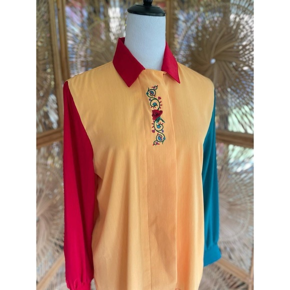 Vintage Eva Polyester Color Block Blouse Red Yellow Green with Embroidered Rose - Picture 5 of 8